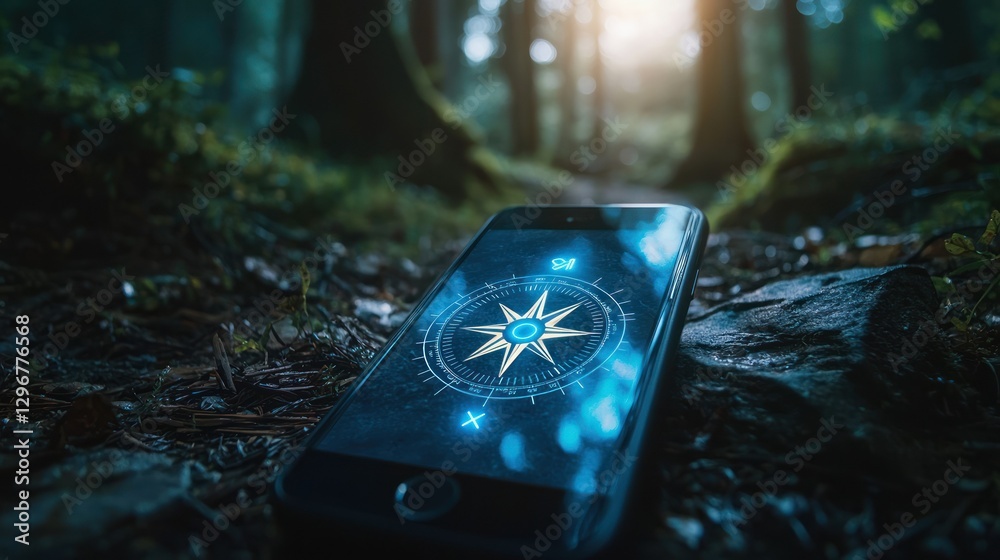 Aufkleber a glowing digital compass displayed on a smartphone screen in a hiking setting.