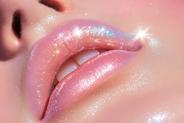 Fototapeta premium A retro-modern fusion beauty aesthetic, pastel eyeshadow, glossy lips, and an iconic vintage glow
