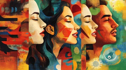 Obraz premium Vibrant abstract portrait of diverse individuals in profile, showcasing emotions and colors
