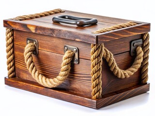 Rustic Empty Wooden Box with Rope, Vintage Crate on White Background, Dark Brown Wood Texture