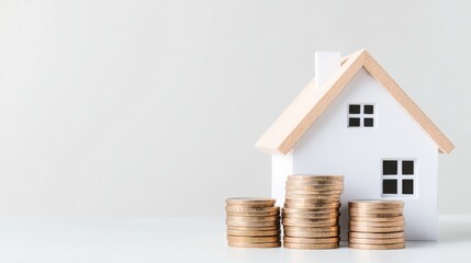 Model house with stacks of coins representing investment in real estate and home ownership financial planning