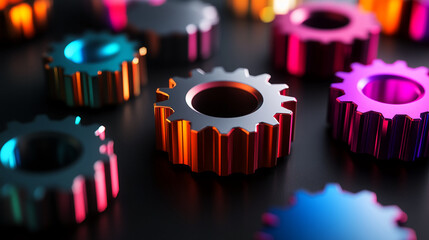 Close-up view of colorful metallic gears in various hues, representing machinery, technology, and precision. The vibrant colors symbolize creativity and innovation in industrial design.