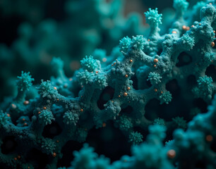 A microscopic view of bioengineered molecules assembling into organic tissue, symbolizing advancements in regenerative medicine.