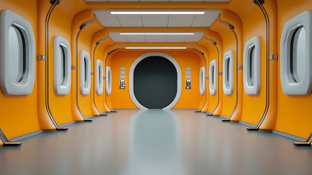 Striking and avant garde sci fi inspired space station corridor with futuristic panels glowing edges and a dark void like center  The geometric minimalist design creates a sleek industrial