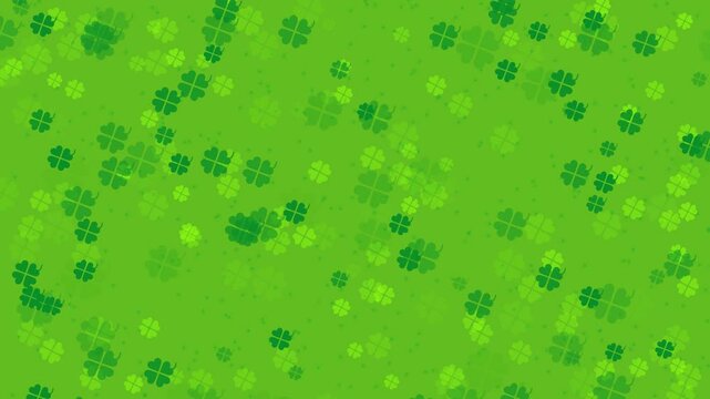 Abstract festive video background with animated four leaf clover leaves or lucky shamrocks falling on bright green backdrop. Decorative celtic animation for St Patrick's Day holiday celebration.