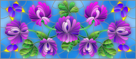 Illustration in stained glass style with clover flowers and butterflies on a blue background, horizontal orientation