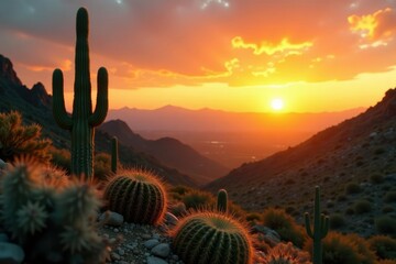Desert landscape with cacti at sunset in warm orange and green bokeh, landscape, orange, sunset
