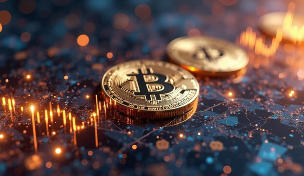 Bitcoin on the Rise: Shiny Logo with Market Charts for Investors and Creators