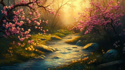 Springtime River with Colorful Blossoms at Golden Hour