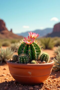 Desert landscape with peyote cactus in terracotta pot, succulent, earthy, natural