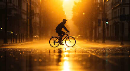 Silhouette of Cyclist Riding Bicycle on Rain Wet City Street at Golden Hour