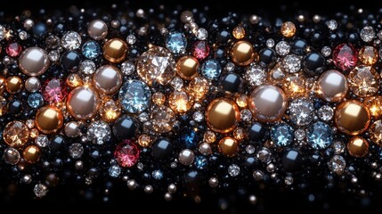Gleaming jewels, pearls, dark background, website banner