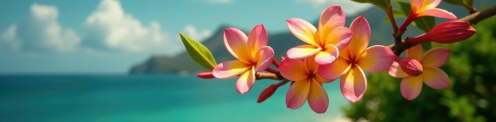 Obraz premium fragrant frangipani flowers on Oahu tree branches, fragrant, blossom