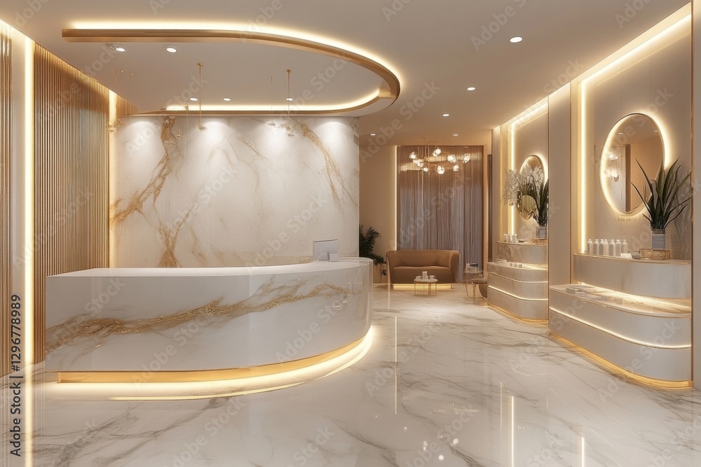 Poster modern reception area with elegant marble design and warm lighting in a serene urban setting. genera