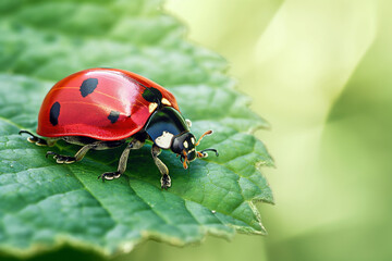 A vivid red ladybug with distinct black spots sitting gracefully on a large, fresh green leaf