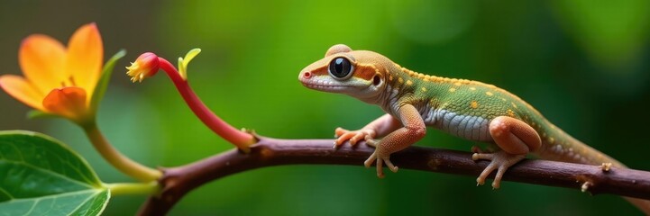 Gecko's tiny claws gripping the thin stem of a parasitic vine, stems, gecko, flowers