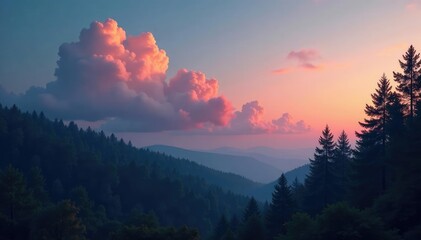 Fototapeta premium Gentle clouds float above a quiet forest at dusk, twilight, forest, trees