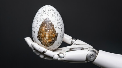 A robotic hand holds a futuristic, patterned egg with a shimmering design, symbolizing technology and innovation.