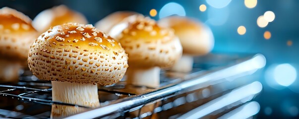 Fresh baked mushroom-shaped buns with sesame seeds on top, glistening with water droplets against blurred blue bokeh background, on cooling rack.