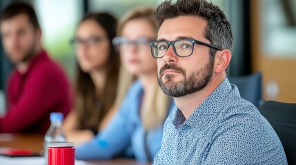 Fototapeta premium Thoughtful man in meeting with focused colleagues in modern office