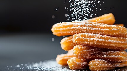 Freshly baked churros dusted with powdered sugar falling like snow against dark background. Close up view of traditional Spanish dessert with crispy texture.