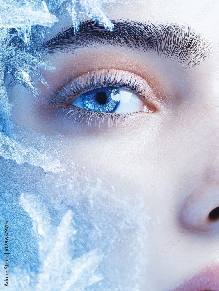 Fototapete close up view of a womans eye surrounded by ice and frost in a captivating winter setting. generativ