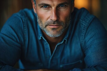 Fototapeta premium Close-up portrait of a mature man with graying hair and beard, wearing a denim shirt.