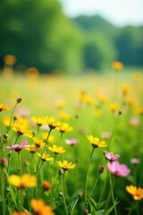 Fototapeta premium Gentle rustle of yellow and pink wildflowers in the soft breeze, landscape, serene
