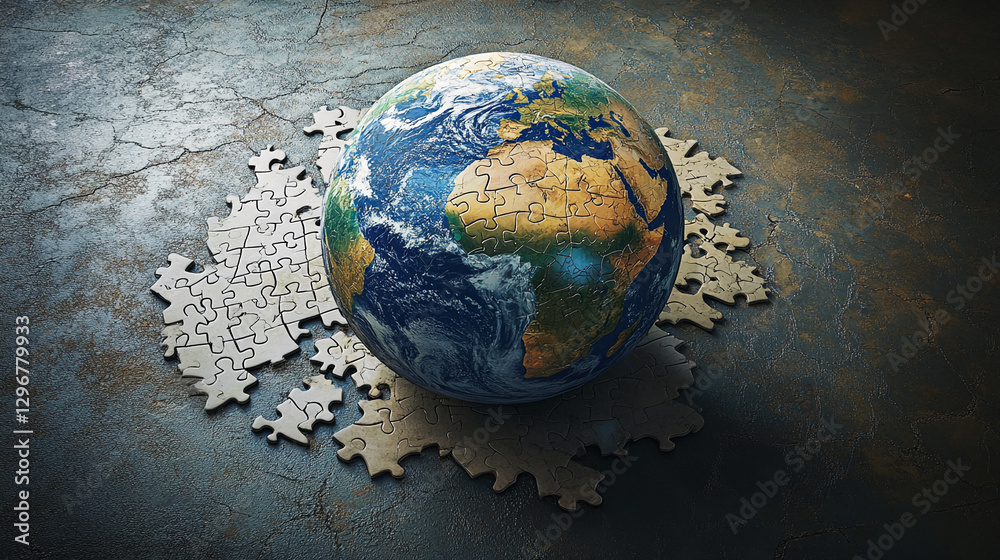 Poster A globe made of puzzle pieces, symbolizing the incomplete state of the world and the challenges of achieving global unity and cooperation.
