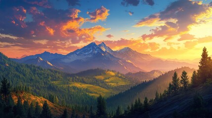 Obraz premium Majestic flat topped mountain at sunset surrounded by lush hills and evergreen forests