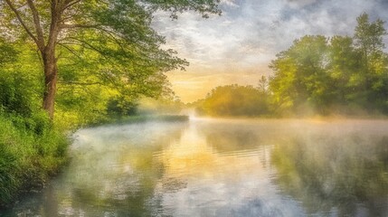 Fototapeta premium Tranquil Dawn at the Lakeside with Misty Waters