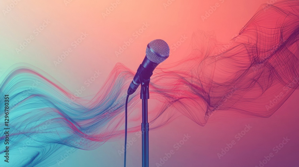 Poster a graphic with abstract waves flowing around a distant microphone silhouette.