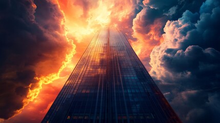 Majestic skyscraper silhouetted by a stunning sunset with vivid colors and dramatic clouds