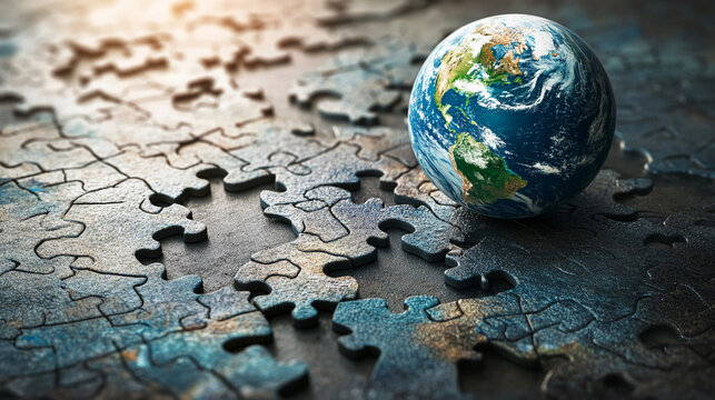 A globe with puzzle pieces around it, symbolizing the complex challenges of global unity, collaboration, and the interconnectedness of world problems.