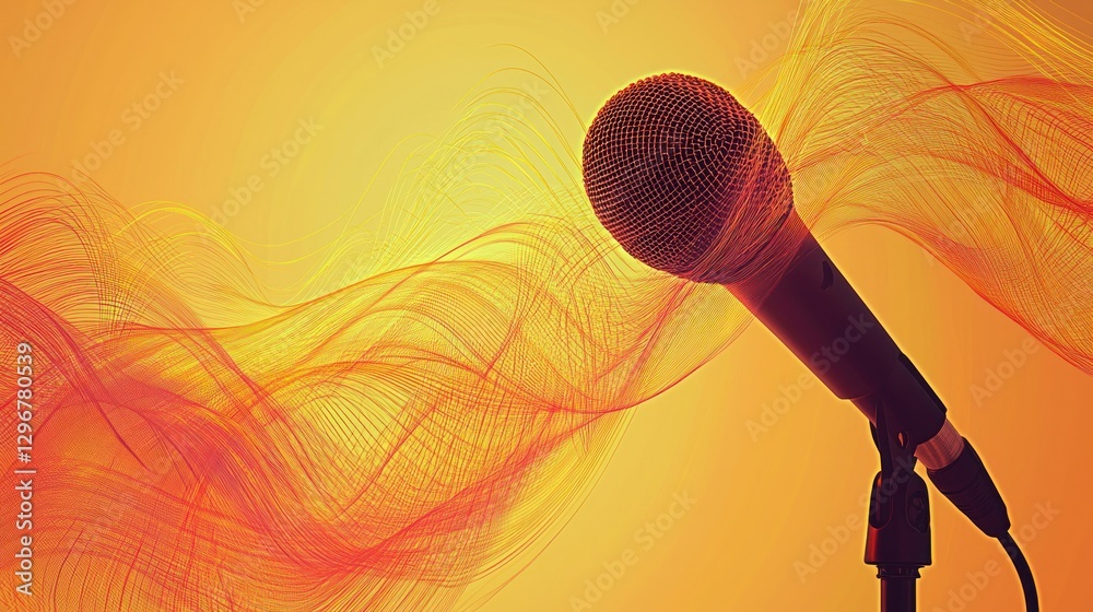 Poster A graphic with abstract waves flowing around a distant microphone silhouette.