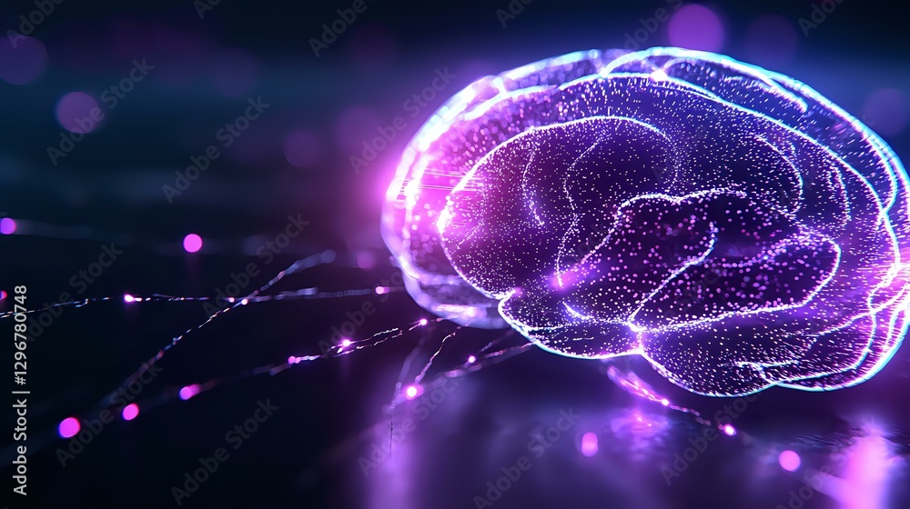 Poster glowing purple brain visualization with particle effects and neural connections on dark background, 
