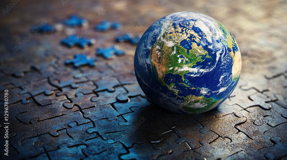 Poster A globe with puzzle pieces surrounding it, symbolizing global challenges, interconnection, and the complexities of solving world problems.