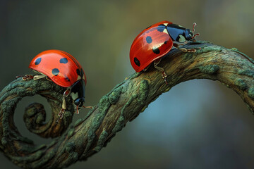 Two vibrant red ladybugs with black spots delicately crawling on a winding twig, moving towards each other