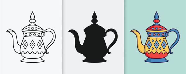 Arabic tea pot kettle outline and silhouette icon set with isolated flat vector illustration for eid celebration