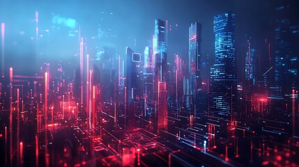 Fototapeta premium Economic growth visualization, futuristic city with financial data overlay, business concept, illustration