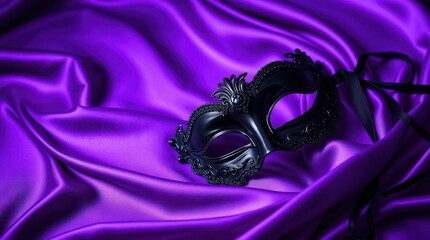Black Venetian Carnival Masquerade Mask on Deep Purple Silk Satin Background