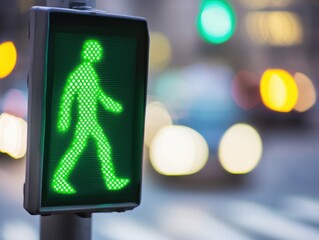 Green Pedestrian Crossing Signal in City at Night