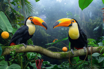 Two vibrant toucans perched on a sturdy tree branch in the heart of a lush rainforest jungle