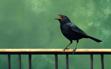 Fototapeta premium Elegant Black Bird Singing on a Fence in a Serene Green Background Capturing Nature's Beauty in a Calm and Peaceful Environment