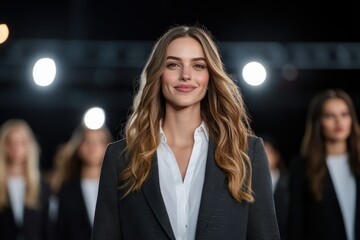 A confident model stands out in a tailored suit, embodying power and elegance against a backdrop of professional modeling, highlighting contemporary fashion trends and aesthetics.