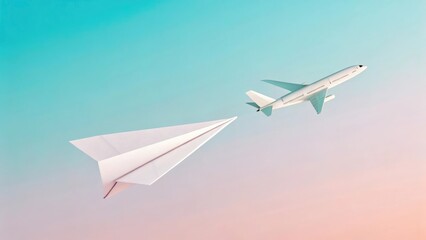 Obraz premium White paper airplane soaring alongside a commercial airplane against a pastel sky, representing dreams and aspirations