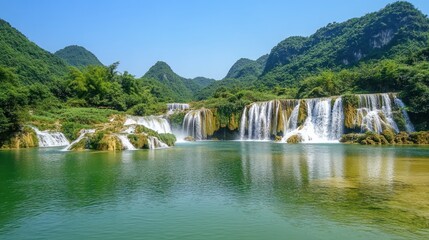 Obraz premium Cascading Waterfalls Flowing Into Clear Lake Surrounded by Lush Green Mountains