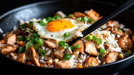 Fototapeta premium Delicious fried rice with vegetables, chicken, and sunny side up egg in a black bowl, perfect for meals