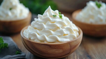 Fototapeta premium Creamy whipped cream swirls in wooden bowls, topped with fresh parsley, creating a tempting treat