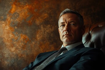 Fototapeta premium A mature, confident man in a suit sits in a leather chair against a textured background.